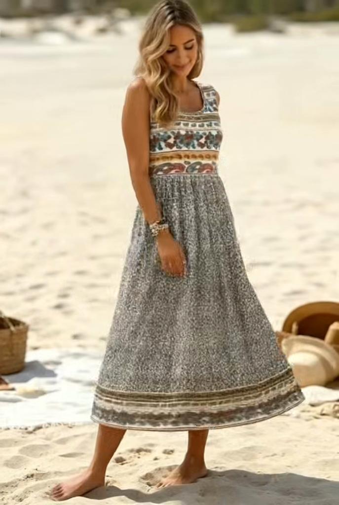 Dress - SummerBreeze - Bohemian Print, Sleeveless, Midi