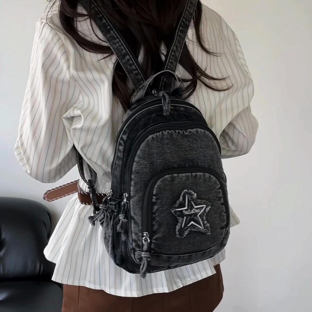 Bolso de Pecho de Mezclilla Gran Capacidad Bolso Cruzado para Mujer Viajero Múltiples Compartimentos Mochila de Estrella de Cinco Puntas