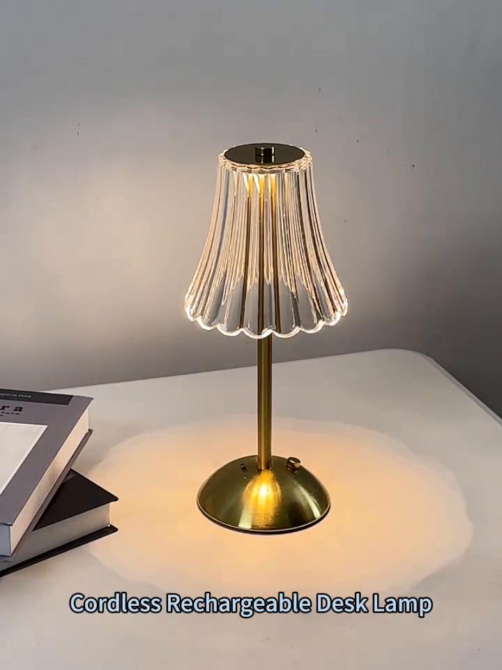 Modern LED Crystal Table Lamp with Touch Control - Tri-Tone Lighting, Wrought Iron Base, Rechargeable Battery