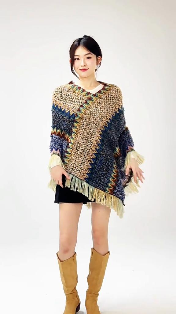 Women's Zigzag Knit Tassel Fringed Pullover Shawl Wrap Fall Hippie Soft Crochet Shawl Asymmetrical Scarf