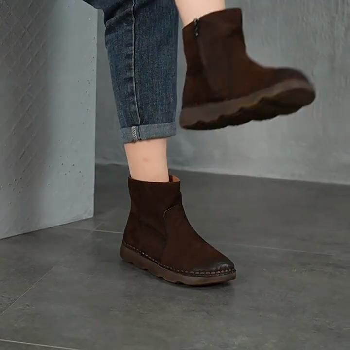 Johnature Versatile Women's Short Boots Round Toe Side Zipper Retro Genuine Leather Flat Boots