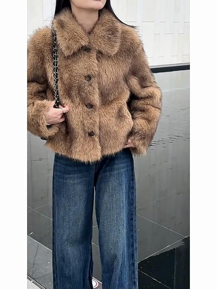 Johnature Modische Damen Winterjacke Kurz Faux Nerzpelz Verdicken Mäntel