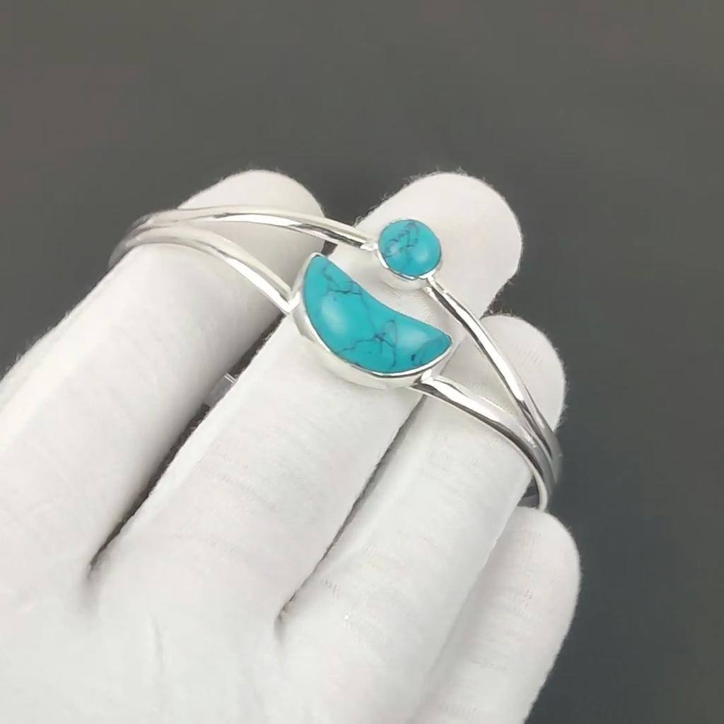 Dainty Turquoise Gemstone Handmade Cuff Bangle 925 Sterling Silver Cuff Bangle, Turquoise Bracelet For Wife , Unisex Bangle, Valentine's Day Gift