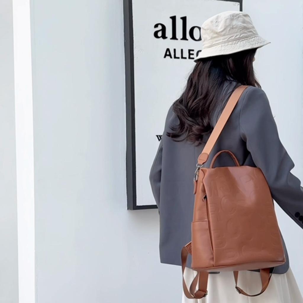 Large Capacity Backpack Women's Letter Backpack Soft Leather Travel Bag Multifunctional Shoulder Bag