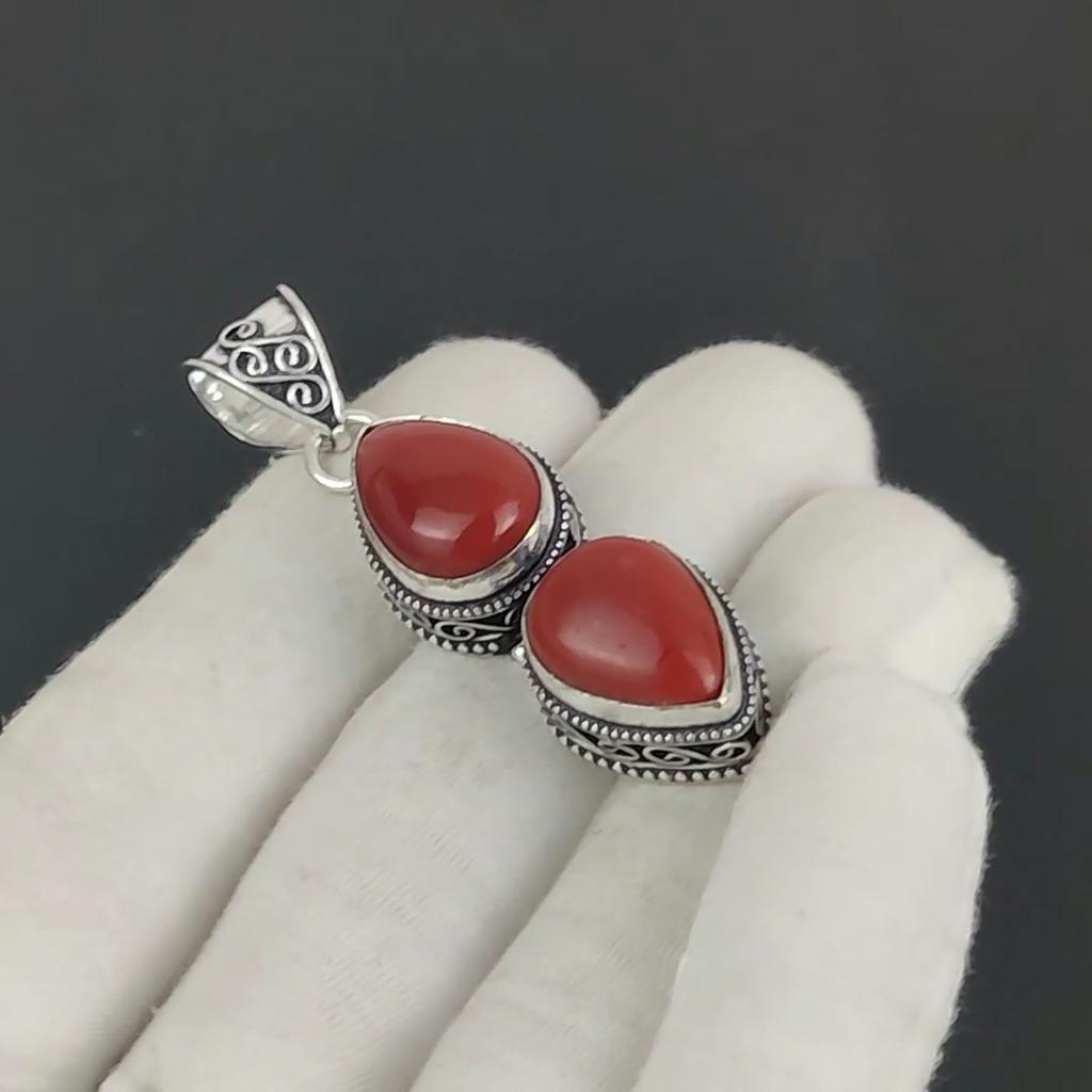 Natural Red Coral Gemstone Silver Pendant In 925 Sterling Silver - Handmade Pear Design, Everyday Wear Jewelry Birthday Gift