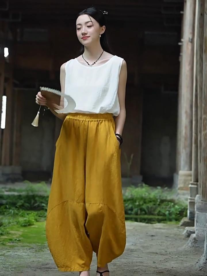 Johnature Women Bloomers Pants Elastic Waist Solid Color Autumn Trousers Pockets Patchwork Loose Pants