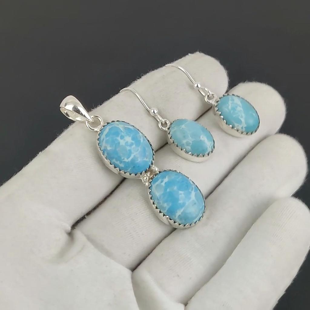 Amazing Larimar Pendant Set, Larimar Gemstone Handmade 925 Sterling Silver Earring Pendant Set For Women Pendant Wadding Gift