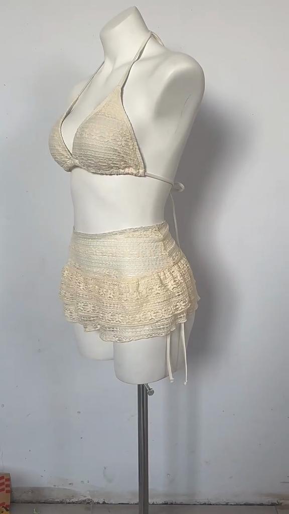 Two-piece Bikini 2025 New Sexy Solid-color Knitted Bikini Three-piece Set Vacation Style Swimsuit