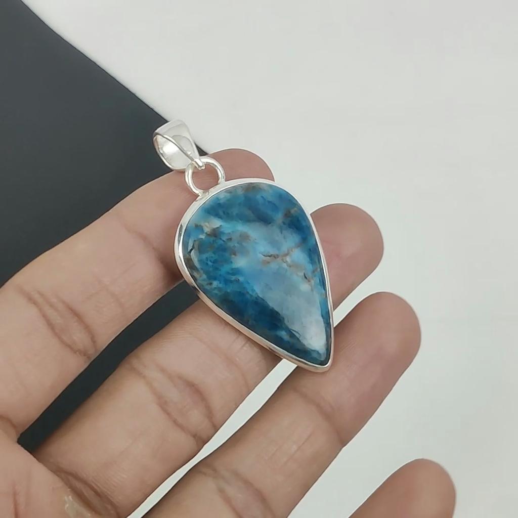 Natural Neon Blue Apatite Gemstone Silver Pendant In 925 Sterling Silver - Handmade Pear Design, Everyday Wear Jewelry Birthday Gift