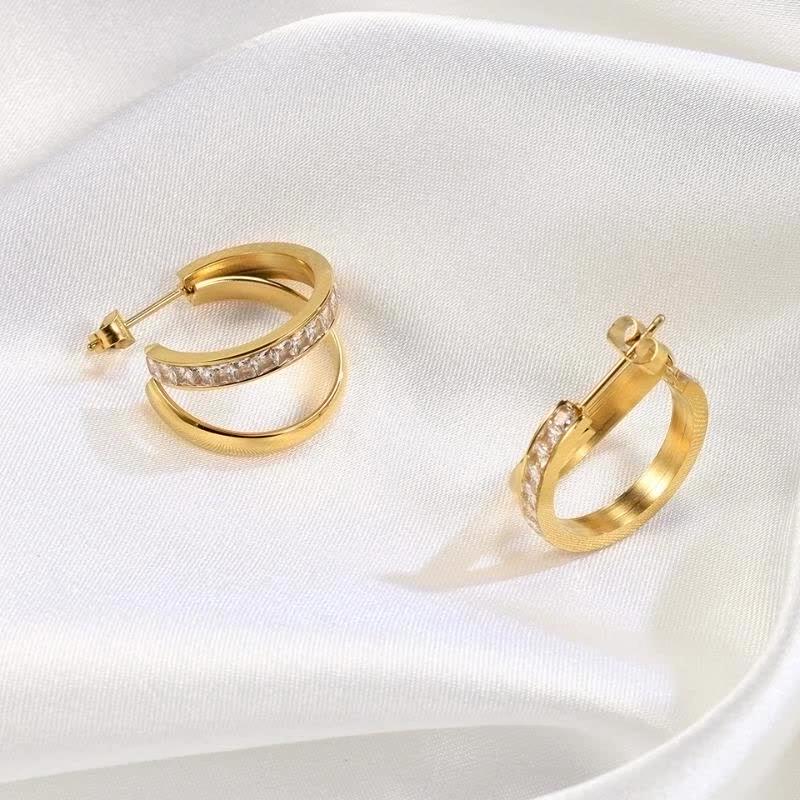 Titanium steel 18k gold with drill earrings, foreign trade stainless steel double ring full drill earrings direct sales