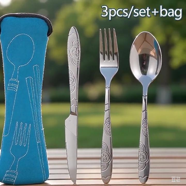 3dílná sada cestovních příborů z nerezové oceli, lžíce s raženou rukojetí, vidlička, steakový nůž s přenosnou tištěnou úložnou taškou na zip pro kempování, piknik