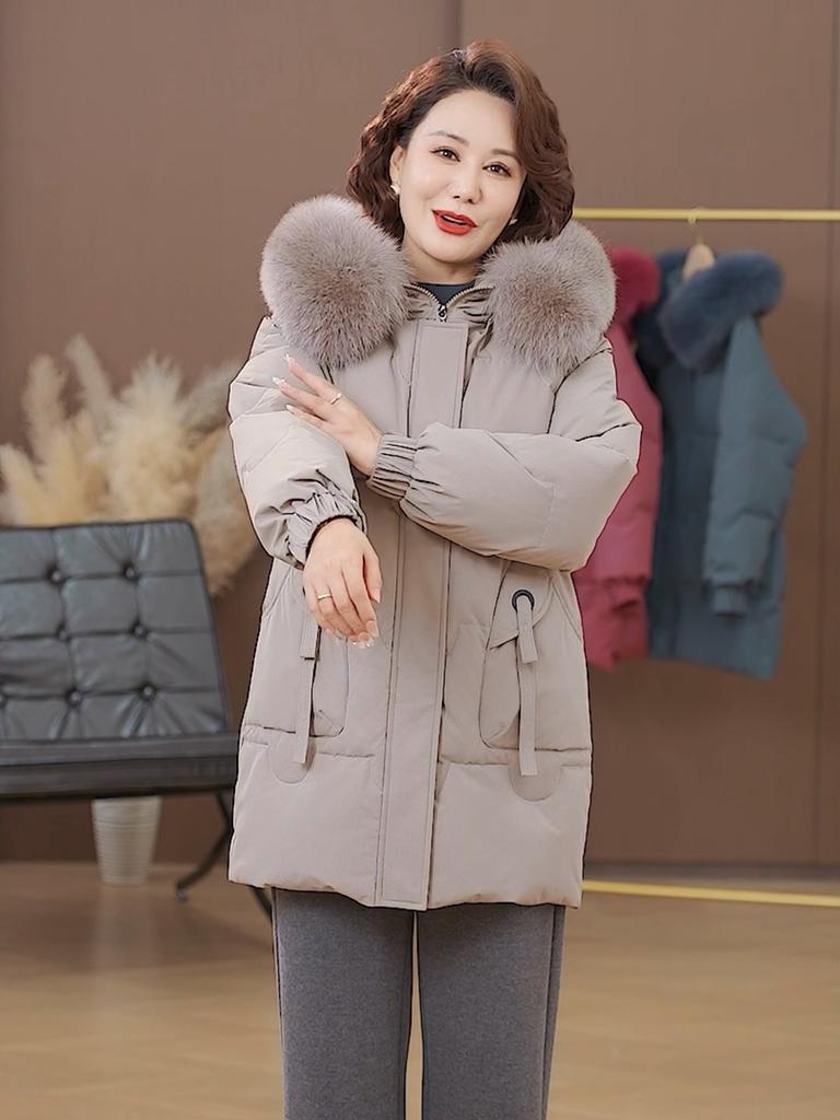 Real Fur Collar Middle-aged Women's Winter Down Coats Hooded Plus Size XL-6XL Thick Warm White Duck Down Jackets for Women Clothes