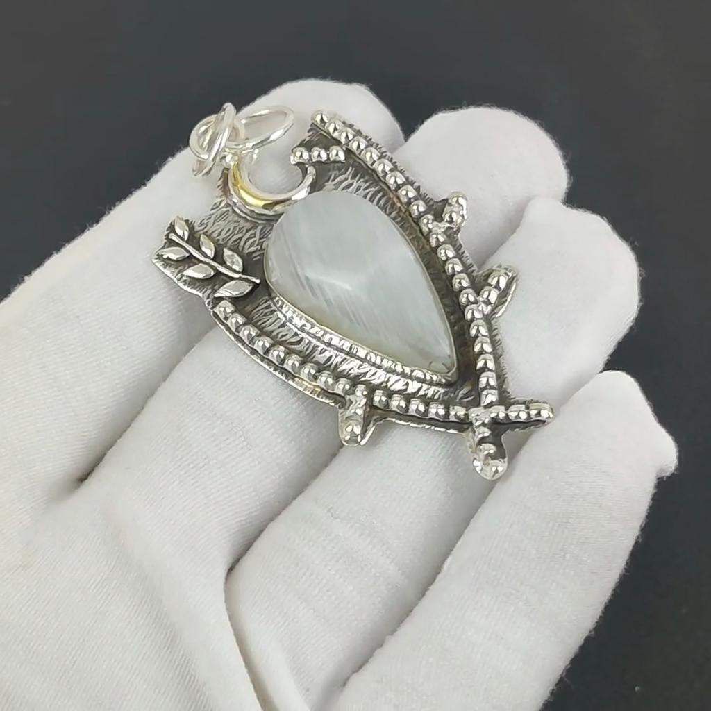 Natürlicher Regenbogen-Mondstein Edelstein Silberanhänger in 925 Sterlingsilber - Handgefertigtes Design, Alltagsschmuck, Einzigartiger Anhänger Thanksgiving-Geschenk