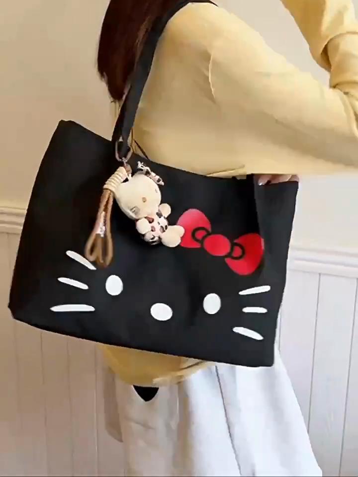 Hello Kitty Trendy Canvas Handbag With Durable Material And Double Shoulder Straps For Women