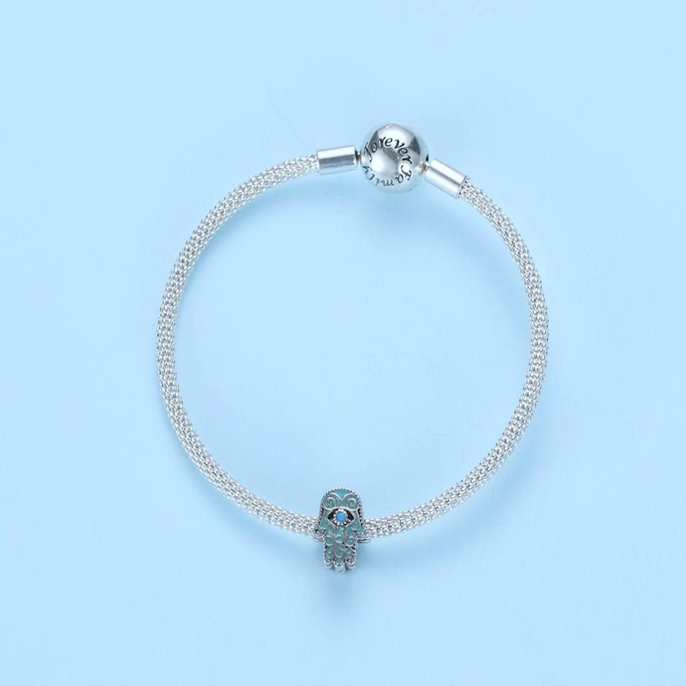 WOSTU Exquisite Mint Green Eye of Fatima Retro Pattern 925 Sterling Silver Charm Bead for DIY Jewelry Gift