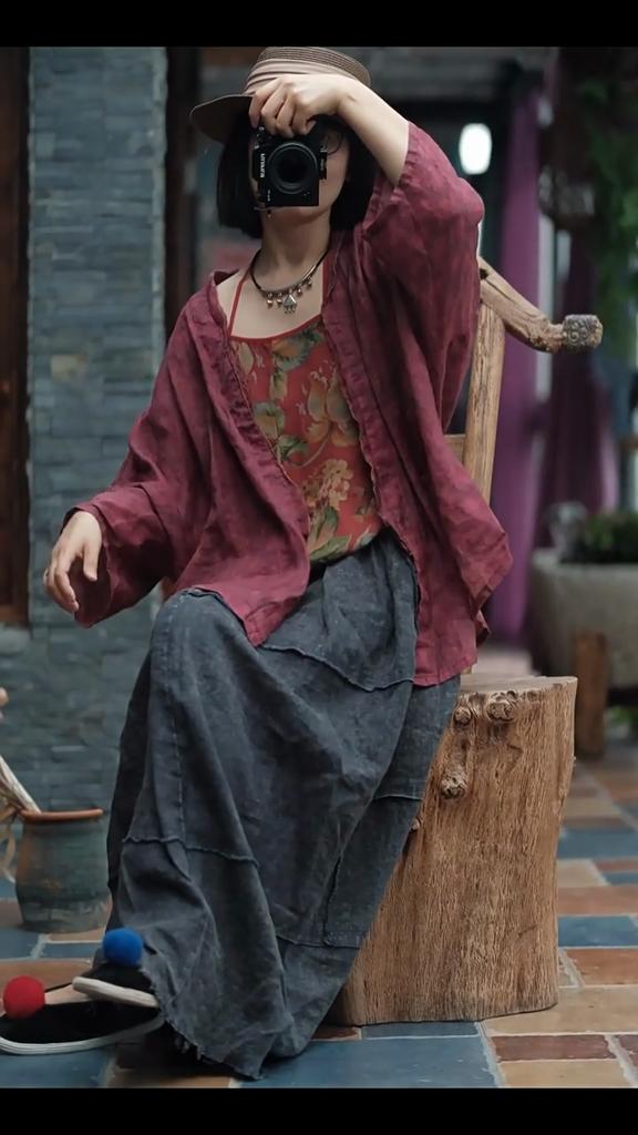 Johnature Podzimní žena Vintage styl Lněné košile s volným výstřihem do V Módní tříčtvrteční potisk Retro košile