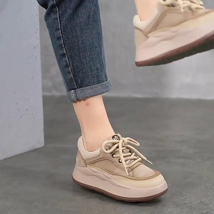 Johnature Thick Soled Genuine Leather Lace Up Casual Shoes Round Toe Versatile Women's Flat Platform Shoes