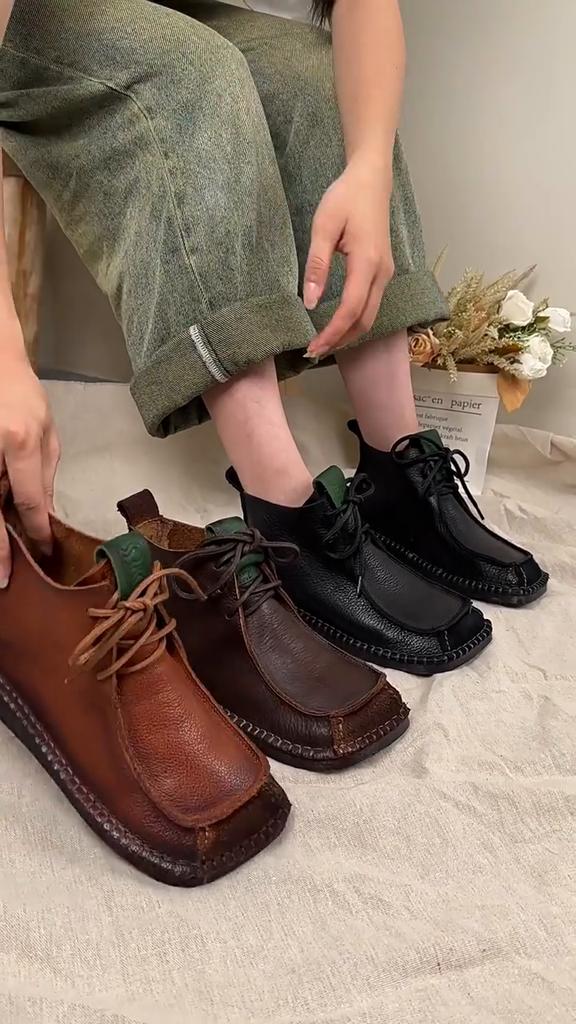 Johnature Square Toe Short Boots Genuine Leather Lace-up Retro Versatile Women Soft Sole Flat Shoes