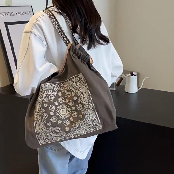 Yogodlns Women Fashion Embroidered Cashew Flower Nylon Shoulder Bag Casual Polyester Lining No-Closure Shopping Tote Bag
