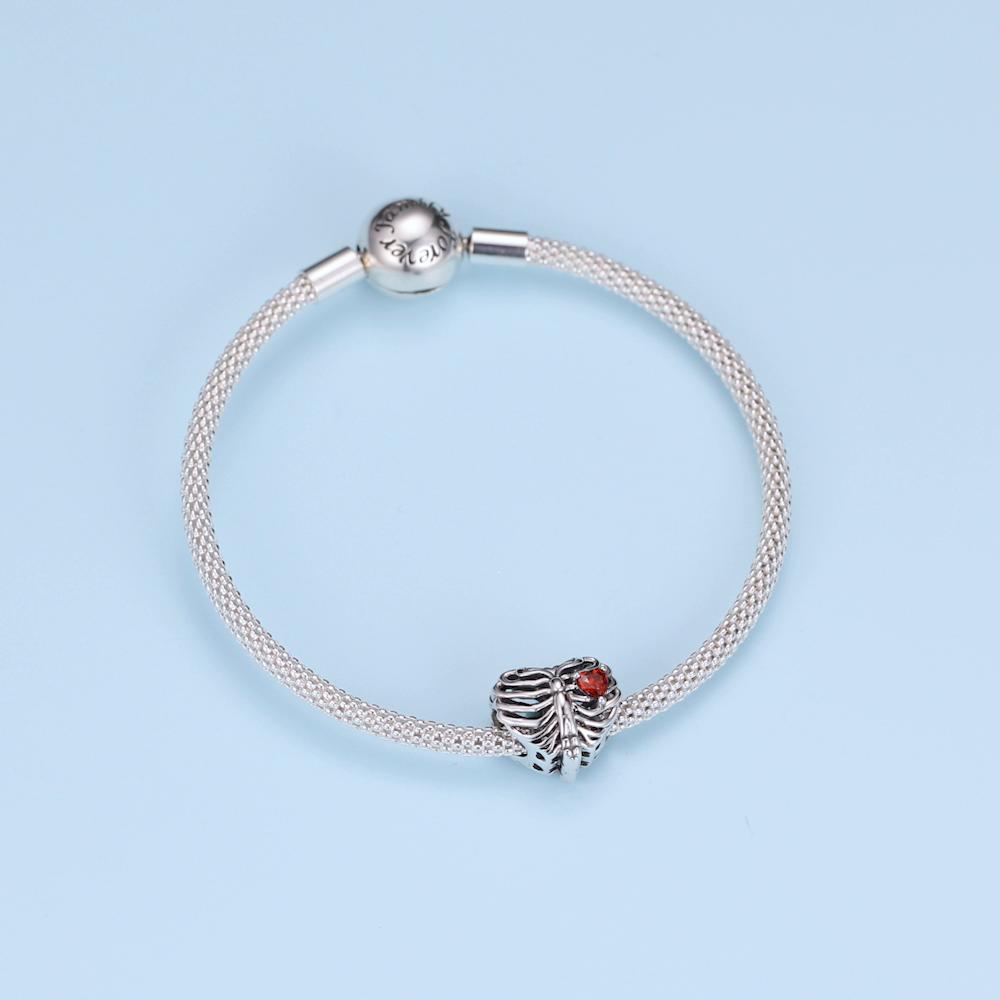 BAMOER 925 Sterling Silver Shine Zircon Red Love Heart Beating Heart Ribs Charm Beads Fit 3mm Bracelets