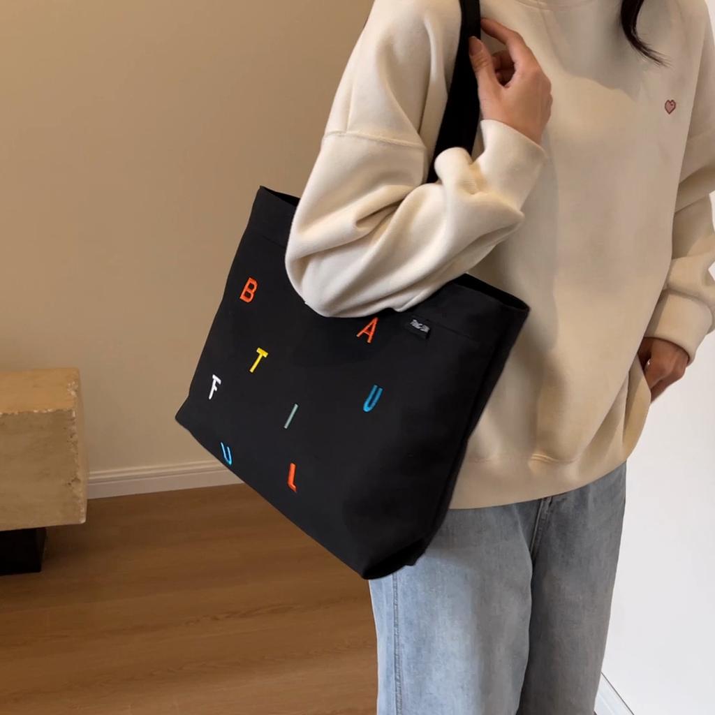 Large Capacity Bag Women's Letter Embroidery Canvas Bag Crossbody Bag Tote Bag