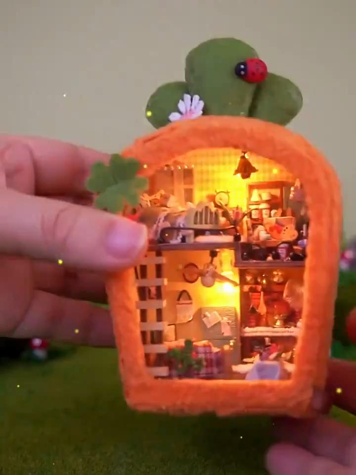 DIY Miniature House Kit, DIY Furry Bear Dolls House Kit, Mini Wooden House Building Kit with LED Light, Halloween/Christmas/Birthday Gifts