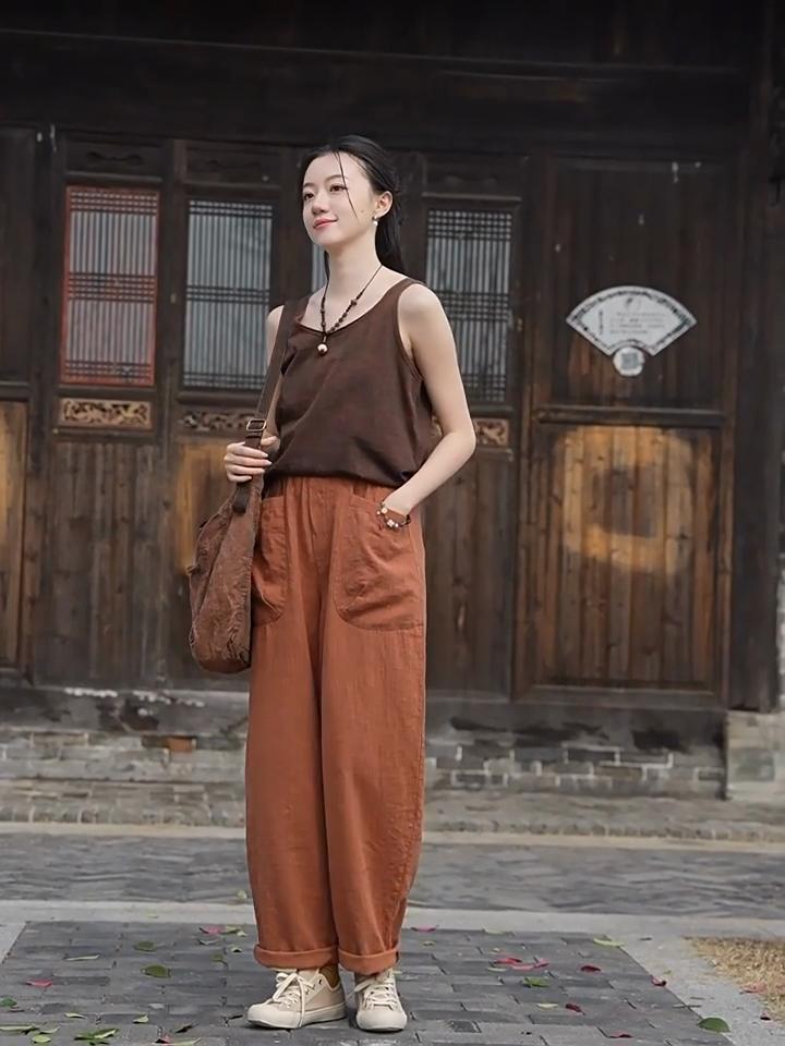 Johnature Women Vintage Harem Pants Solid Color Patchwork Pockets Trousers Elastic Waist Loose Pants