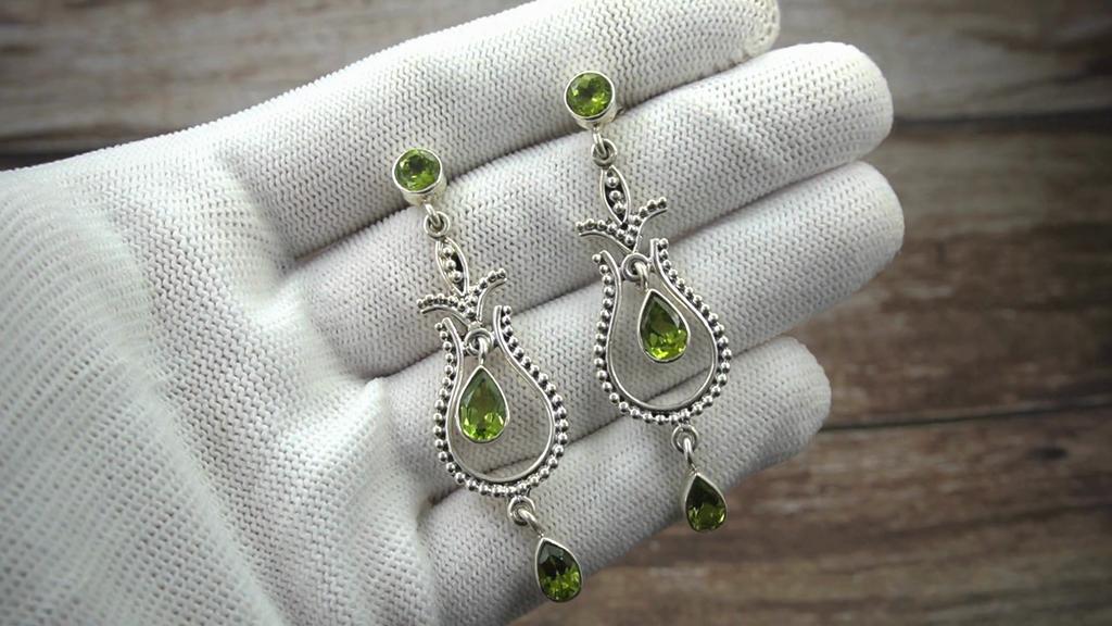 925 Sterling Silver Peridot Drop Earrings – Natural Green Gemstone Vintage Style Long Dangle Earrings for Women, Peridot Earrings