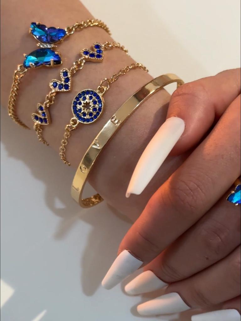 Cross Border Jewelry Blue Butterfly Inlaid Rhinestone Hollow Women's Bracelet Geometric Opening Four Piece Bracelet Set