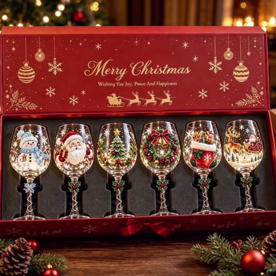 Christmas Wine Glasses Set of 6 Santa Snowman Reindeer Holiday Goblet Gift