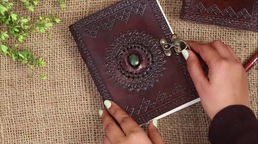 Real Leather Green Stone Brown Embossed Handmade Diary with Metal Lock -Size of (H) 10*(L) 7* Brown
