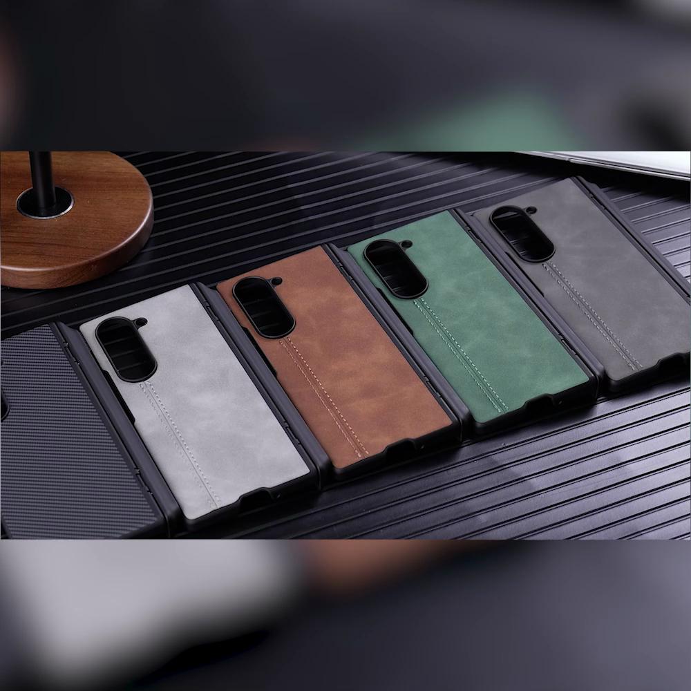 For Samsung Galaxy Z Fold 6 Phone Case With S Pen Holder, Hinge Protector and Screen Protector PU Leather Matte PC-Brown