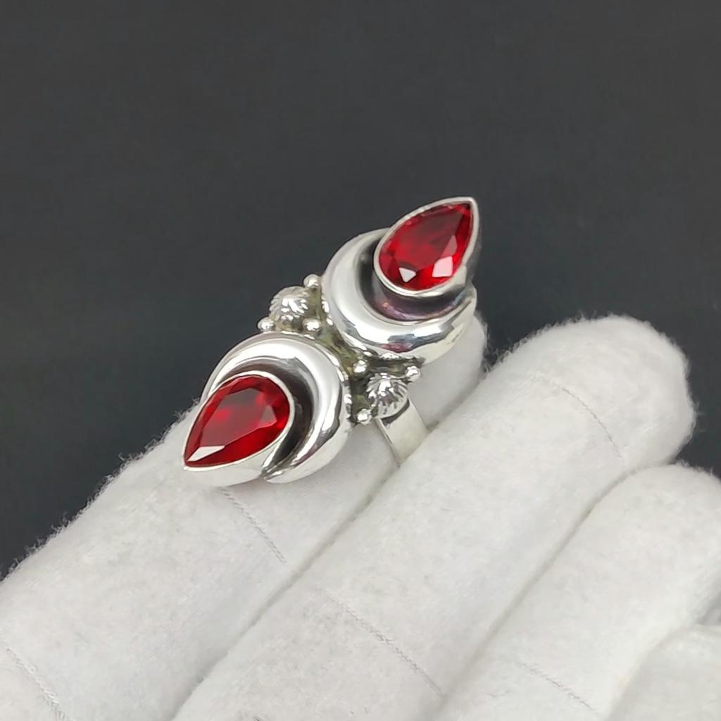 Garnet Gemstone Adjustable 925 Sterling Silver Ring - Fits US Sizes 6 to 10 - Handmade Boho Jewelry for Women & Men, Valentine Gifts