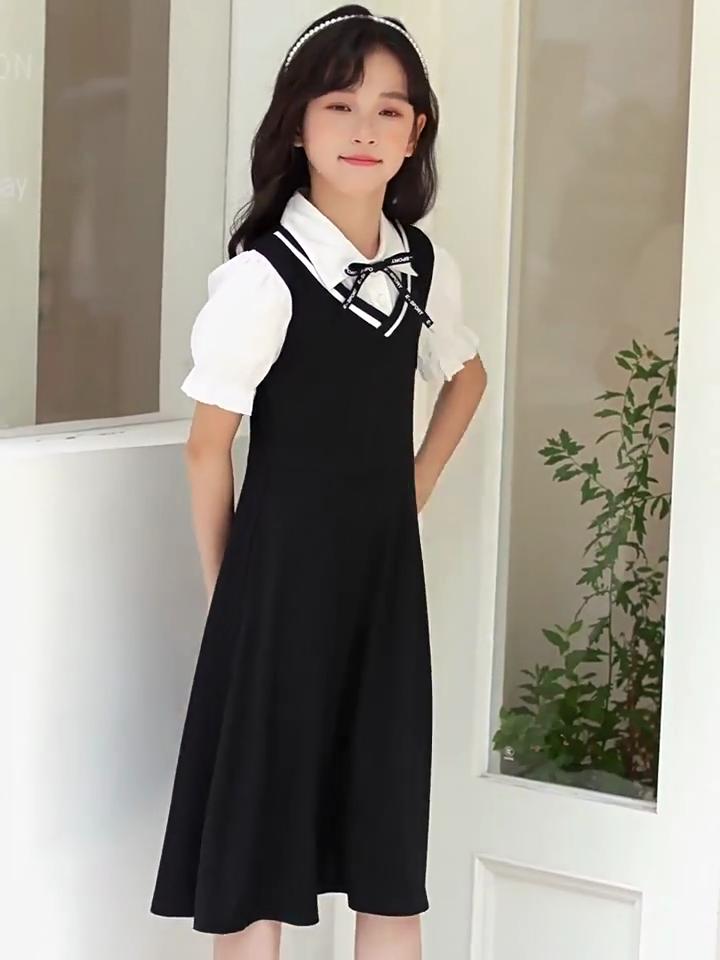 Girls' School Uniform Set with Ruffles, Summer Toddler Girls' College Style Dress Two Piece Outfit