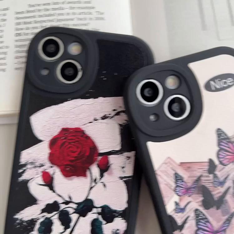 Kožené černé pouzdro silikonové flexibilní měkké pouzdro z TPU módní Rose Butterfly potisk zadní kryt mobilního telefonu pro iPhone Samsung Xiaomi