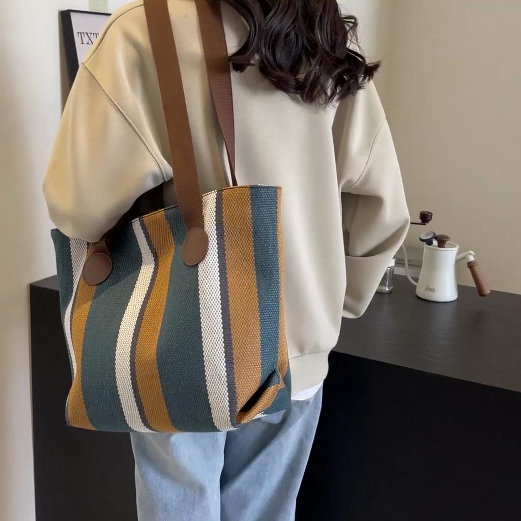 Contrast Striped Canvas Commuter Tote Bag Women's Underarm Shoulder Bag