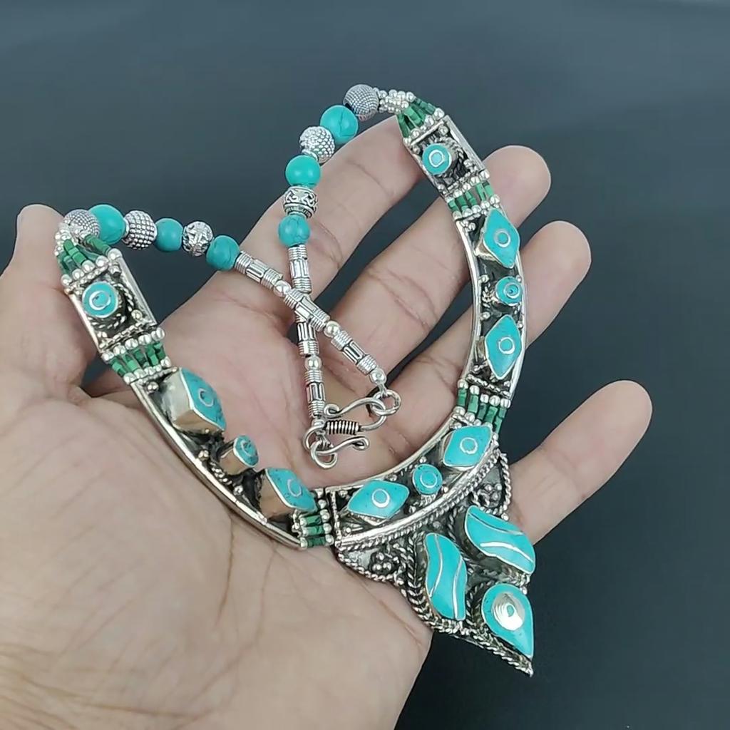 Turquoise 925 Sterling Silver Necklace Tibetan Silver Necklace Bohemian Antique Necklace Handmade Jewelry Nepali Necklace Gift For Wife