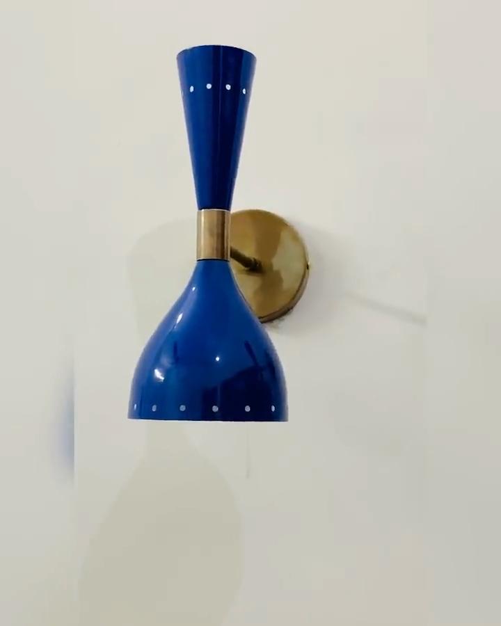 Italian Brass Wall Sconce: Mid Century Modern Shiny Blue Light Fixture