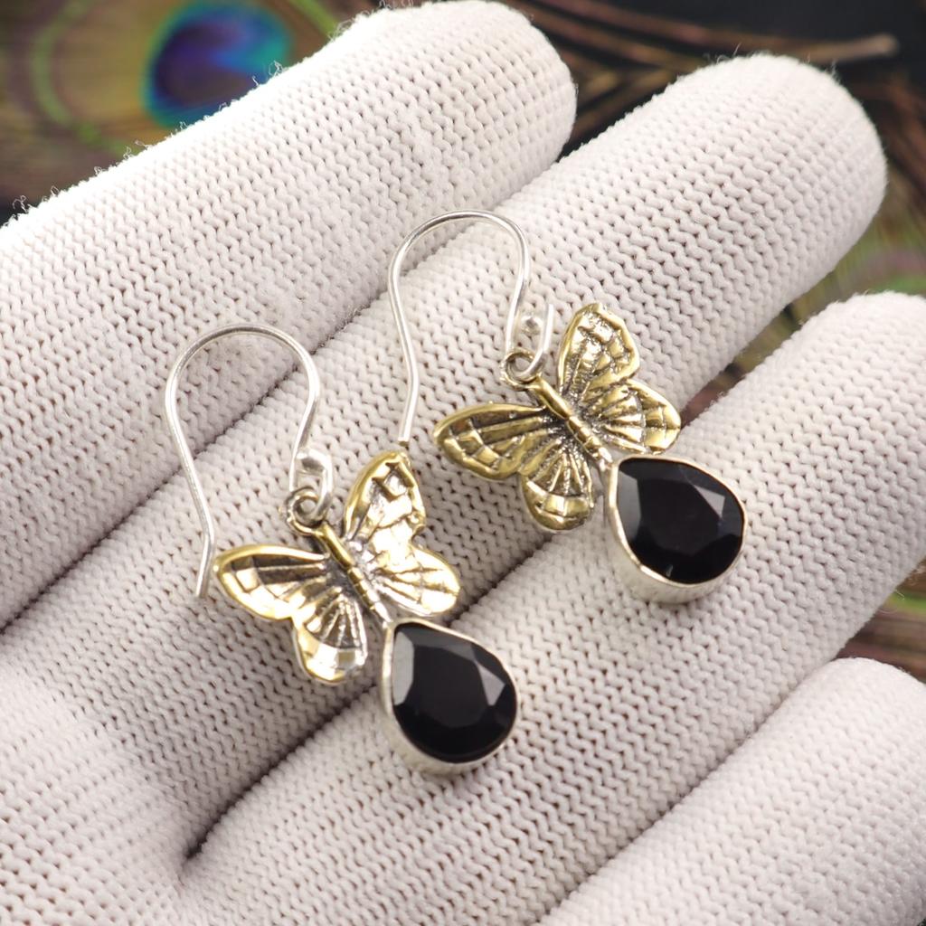 Black Onyx Gemstone 925 Sterling Silver Jewelry Handcrafted Girls Earrings 1.3" EE-155-15