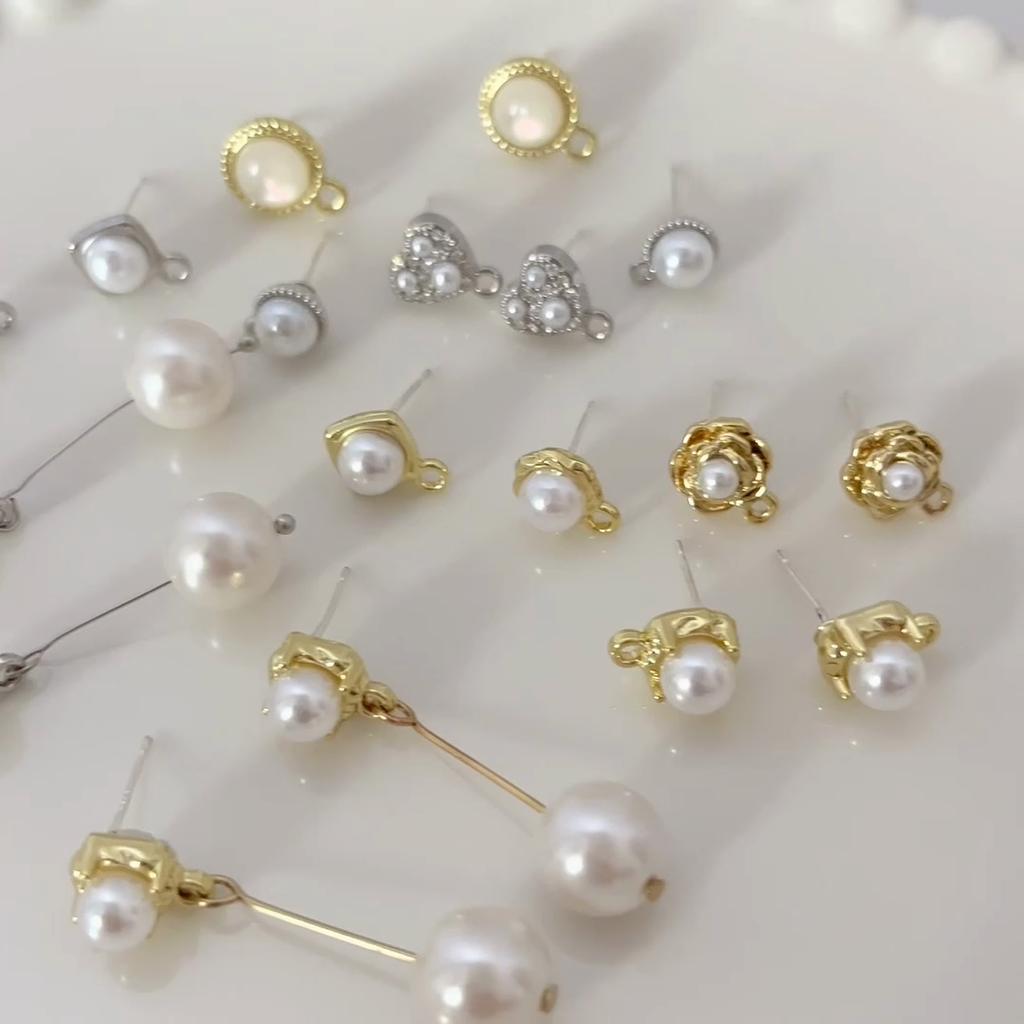 1pair/bag Alloy Shell Imitation Cat Eye Pearl Heart with Diamond Earrings for DIY Jewelry Making