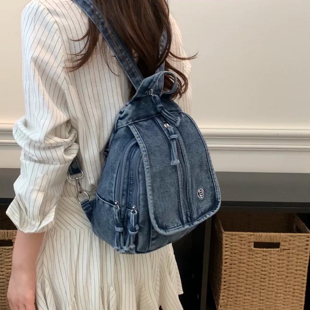 Vintage Solid Color Denim Backpack Large Capacity Multifunctional Chest Bag