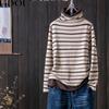 2024 Autumn Winter New Striped Printing Fashion Turtleneck Long Sleeve T-shirt Women Contrast Color Vintage All-match Pullovers