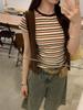 Contrast Striped Right Shoulder Short-sleeved T-shirt for Women Summer New Slim Fit Round Neck Short Top for Small People