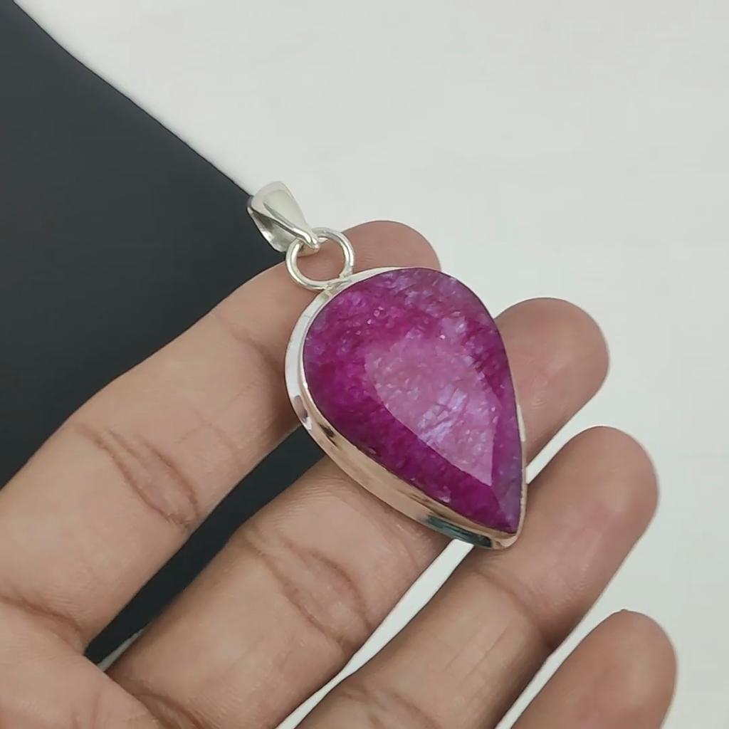 Kashmir Ruby Gemstone Silver Pendant In 925 Sterling Silver - Handmade Pear Design, Everyday Wear Jewelry Mother's Day Gift