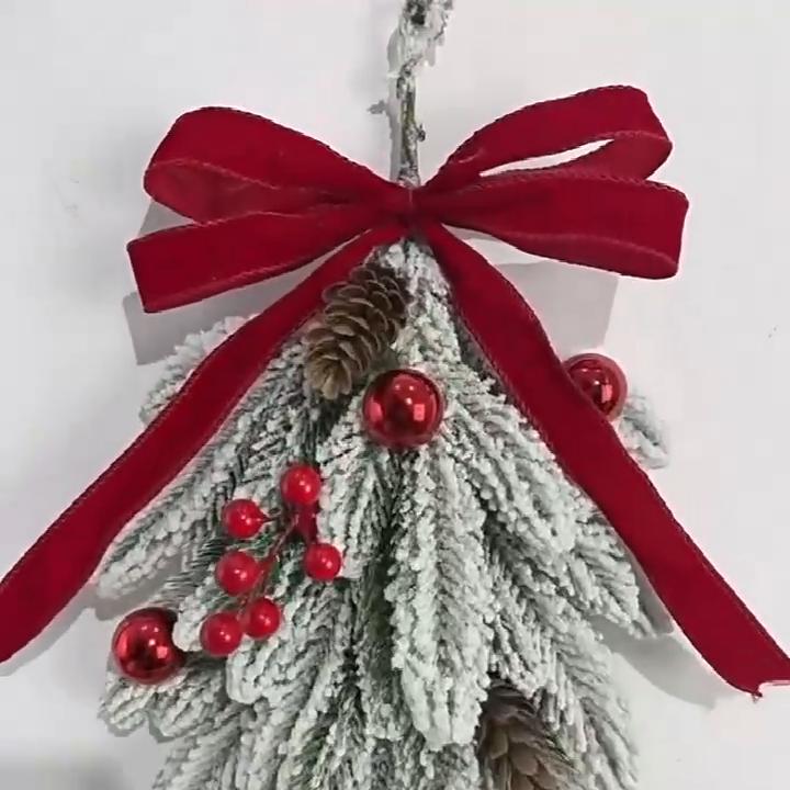 Retro Style Christmas Ornament Flocked Teardrop Swag for Front Door, Artificial Pine with Red Staircase Handrail Garland Berries Velvet Bow,