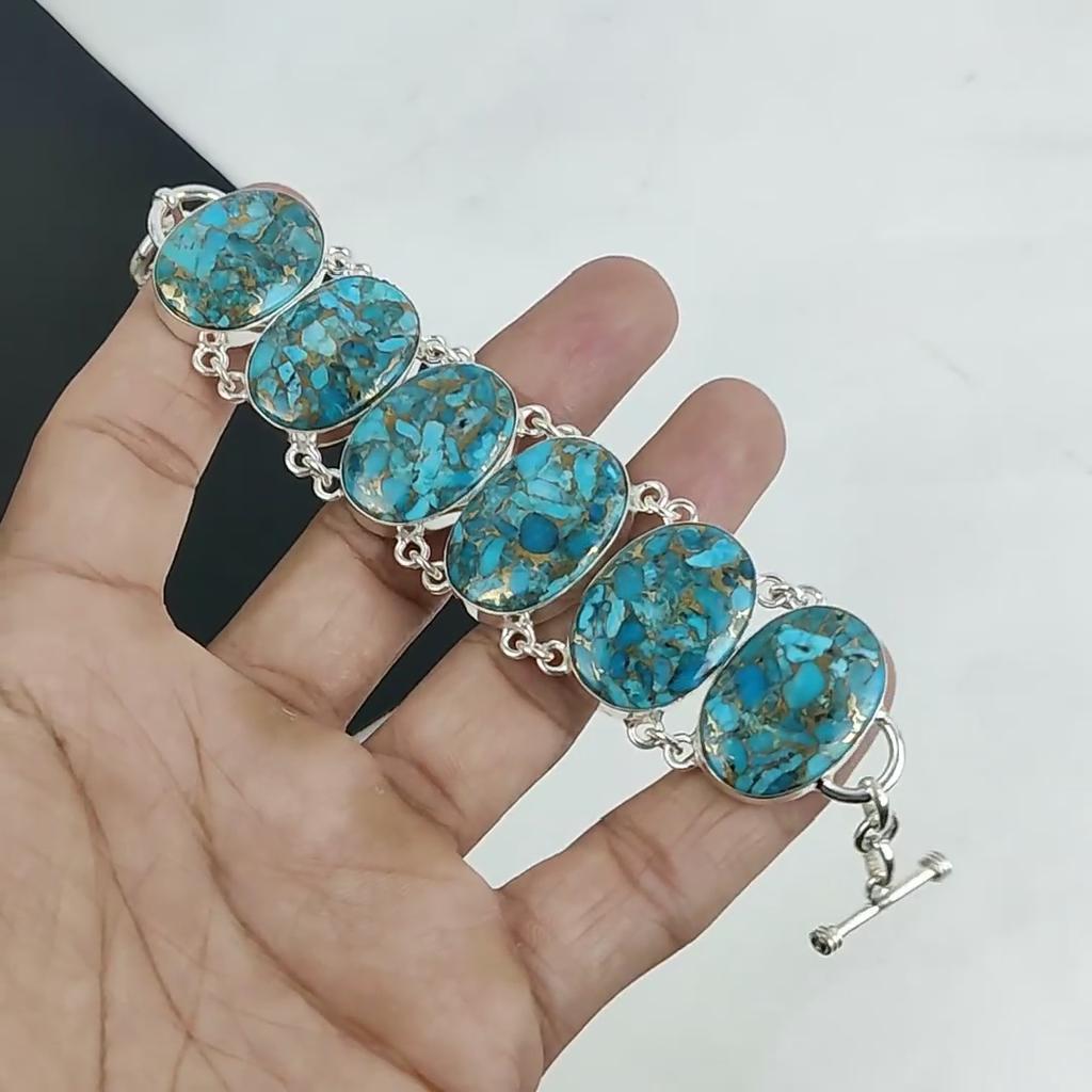Blue Copper Turquoise Gemstone Handmade 925 Sterling Silver Bracelet, Blue Copper Turquoise Bracelet For Wife , Unisex Bracelet, Wadding Gift