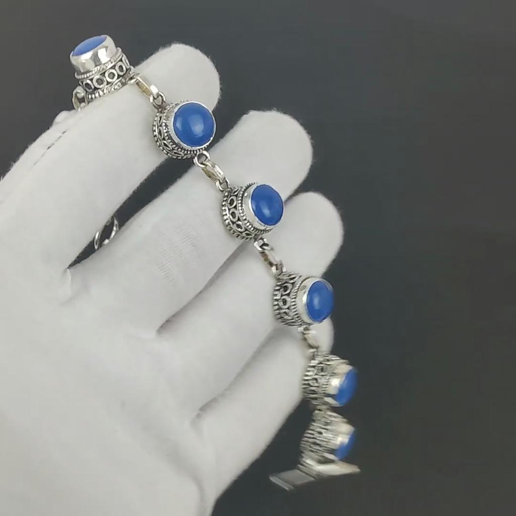 Natural Blue Chalcedony Bracelet 925 Sterling Silver Bracelet Adjustable Chain Bracelet Handmade Boho Bracelet Gemstone Jewelry Engagement Gifts
