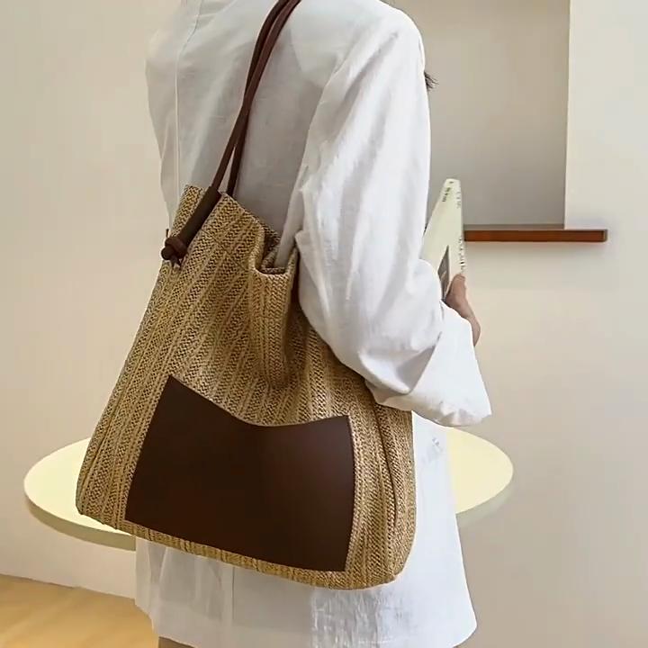 Yogodlns Summer Straw Women Woven Shoulder Bag Holiday Rattan Beach Bucket Patchwork Tote Handbag