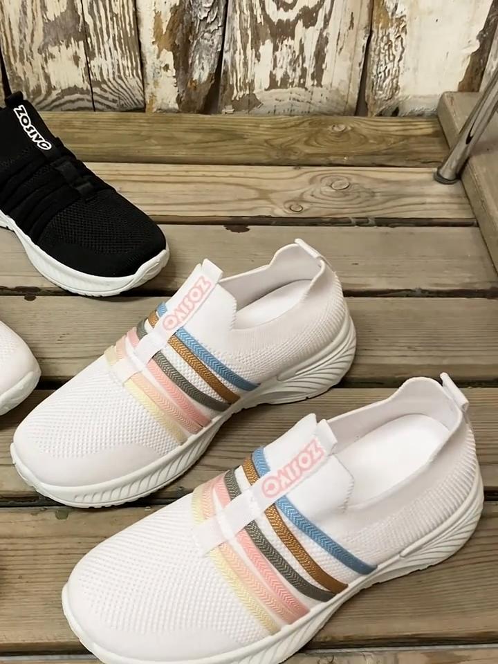 Ladies' One Foot Casual Sports Shoes - Breathable Fabric Upper and EVA Sole, Pink Stripe Design, All Season Comfortable Casual Wear, Cute Shoes