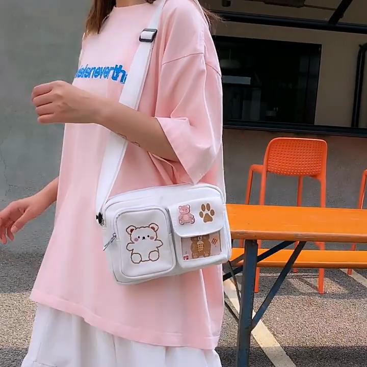 New Japanese-style Cute Solid Color Shoulder Bag Multi-Pocket Embroidered Blush Bear Crossbody Bag Cartoon Cute Girl Canvas Bag